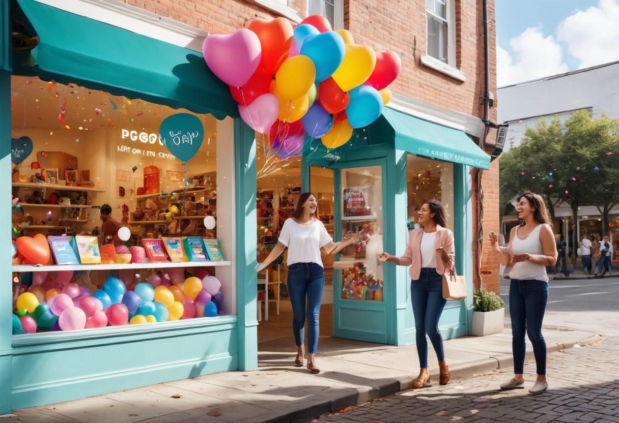 A vibrant scene capturing a joyful customer interacting with a friendly service representative, both surrounded by colorful and cheerful elements such as balloons and confetti. The background features a bright, sunlit storefront overflowing with happy customers enjoying their experience. Add whimsical illustrations of smiles and hearts in the corners to amplify the cheerful atmosphere. super-realistic. vibrant colors. white background.