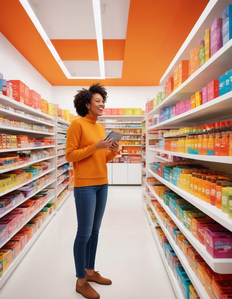 A harmonious scene depicting a group of diverse customers joyfully interacting with a friendly employee in a vibrant, inviting store filled with colorful products. Include elements that illustrate engagement, such as a feedback station and happy expressions, set against a warm, welcoming background. super-realistic. vibrant colors. white background.