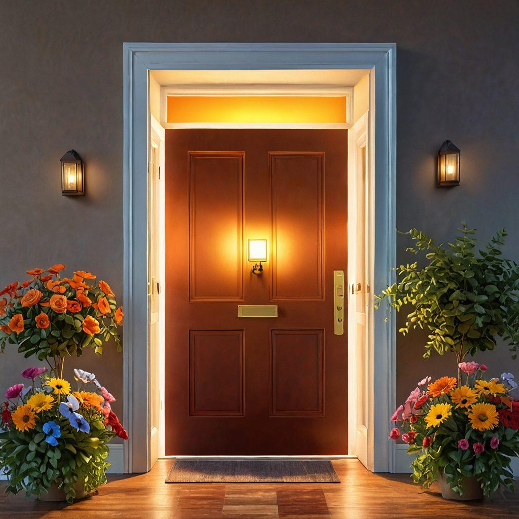 A vibrant, open door with a golden key glowing above it, symbolizing opportunities to happiness and engagement. Surrounding the door are diverse, smiling clients engaging with digital devices, showcasing satisfaction and interaction. Bright flowers bloom at the base, representing growth and positivity. The background features a colorful sun rising, signifying new beginnings. super-realistic. vibrant colors. uplifting atmosphere.
